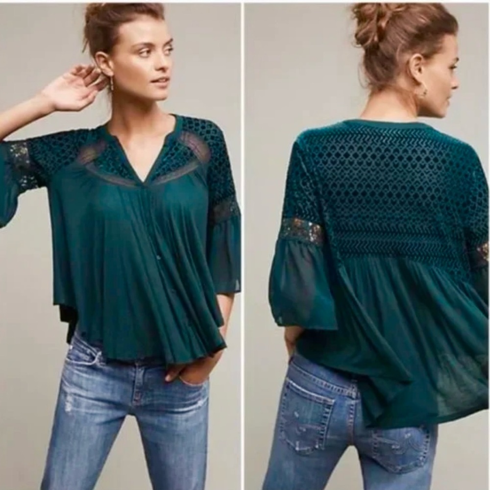 Meadow Rue Anthropologie Emerald Green Velvet Boho Lace Button Down Cardigan